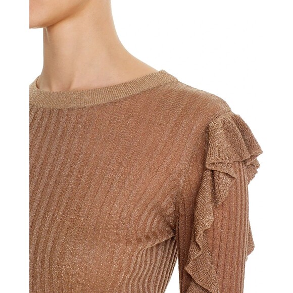 Joie Beza Shimmer Knit Sweater Gold Brown Metallic Ruffle Ribbed Top Size XS - Picture 3 of 12